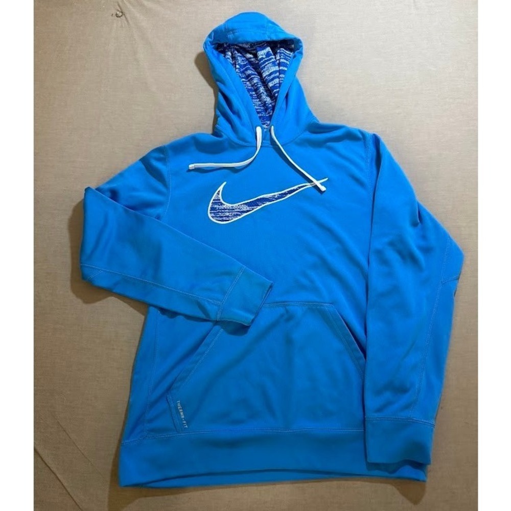 Nike Therma Fit Hoodie Blue White Logo Athletic Pullover Long Sleeve Mens M
